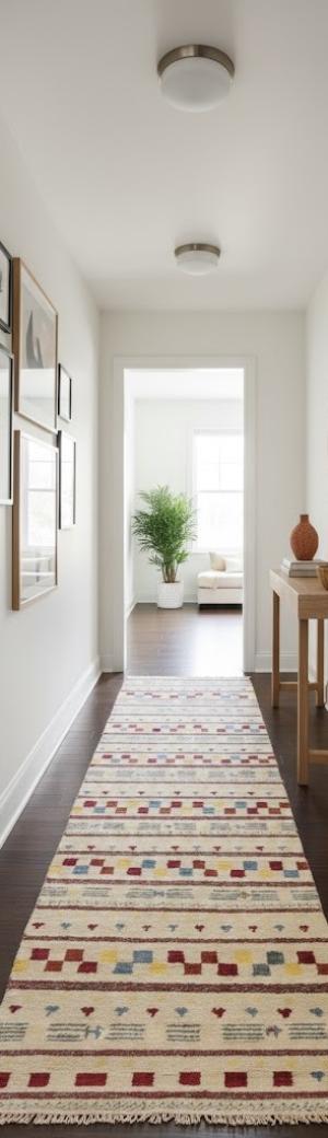 Cream Stripes Tribal 3X8 Indo-Gabbeh Oriental Runner Rug