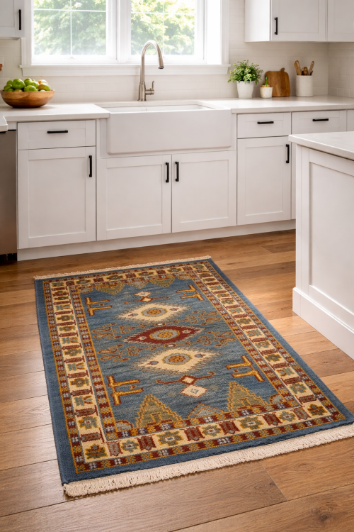 Blue Geometric 2'7X4'7 Kazak Oriental Rug