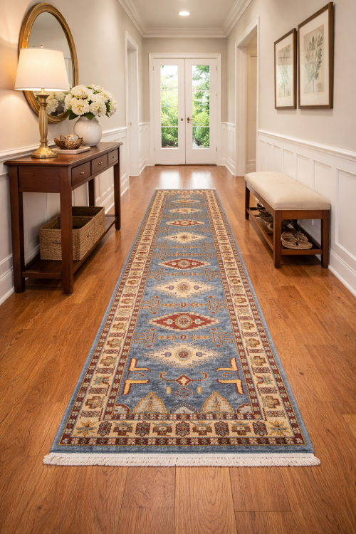 2'7 X 9'11 Hand Knotted Blue Kazak Geometric Wool Runner Rug