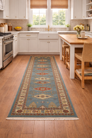 Blue Geometric 3X9 Kazak Oriental Runner Rug