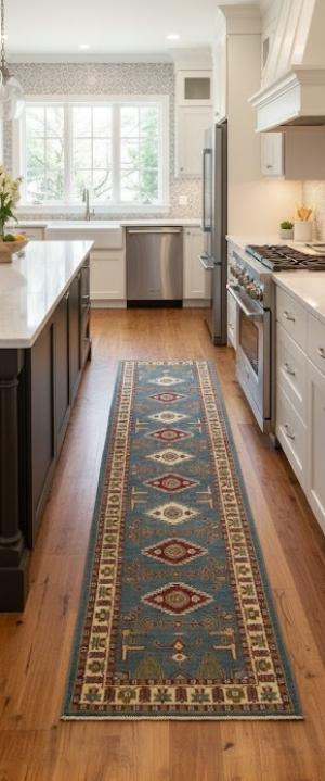 2'7 X 9'11 Hand Knotted Kazak Blue Geometric Wool Runner Rug
