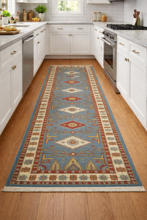 2'8 X 9'10 Hand Knotted Geometric Kazak Blue Wool Runner Rug