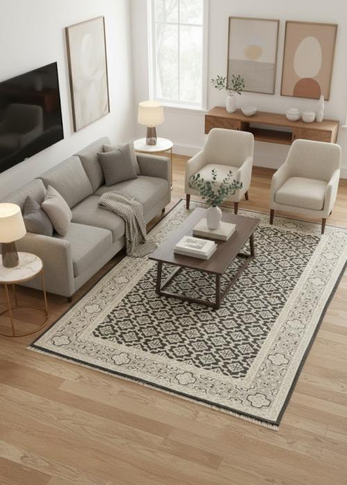 Charcoal Gray Floral Transitional 5'7X8'4 Oriental Rug