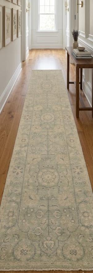 Green Floral Transitional 2'4X9'9 Oriental Runner Rug