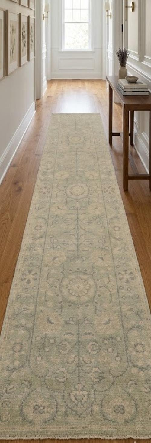 Green Floral Transitional 2'4X9'9 Oriental Runner Rug