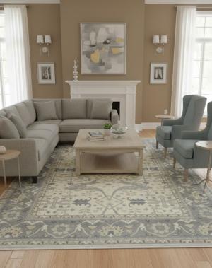 17'7 X 12'3 Oushak Hand Knotted Cream Floral Wool Rug