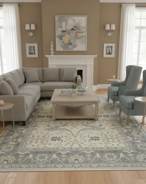 17'7 X 12'3 Oushak Hand Knotted Cream Floral Wool Rug