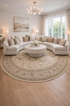 Cream Beige Floral 8X8 Indo-Tabriz Oriental Round Rug