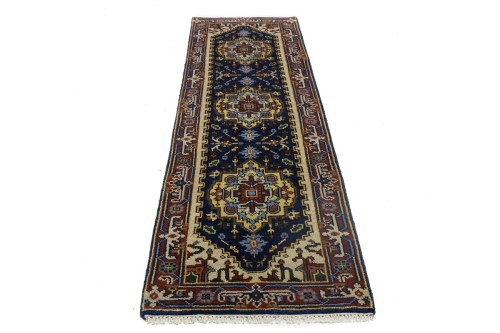 Dark Navy Floral 2'6X8'5 Heriz Serapi Oriental Runner Rug