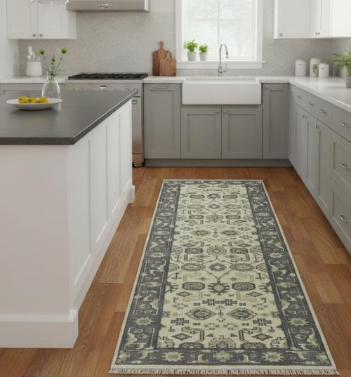 Cream Taupe Floral 2'5X8 Oushak Chobi Oriental Runner Rug