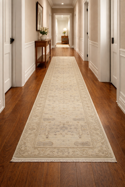 Cream Floral 2'8X13'7 Oushak Chobi Oriental Runner Rug