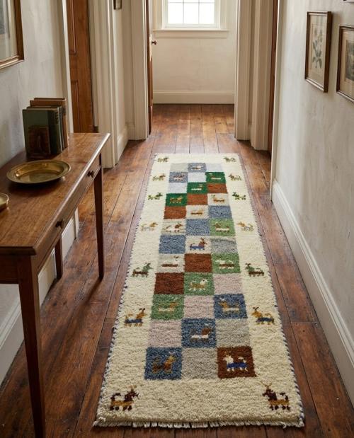 1'4 x 3'9 Handmade Indo-Gabbeh Checkered Oriental Wool Rug