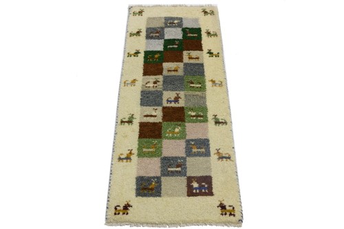 1'4 x 3'9 Handmade Indo-Gabbeh Checkered Oriental Wool Rug