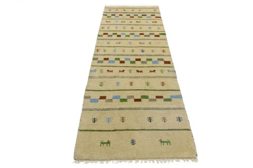 Cream/Beige Pictorial Tribal 2'7X9'5 Indo-Gabbeh Oriental Runner Rug