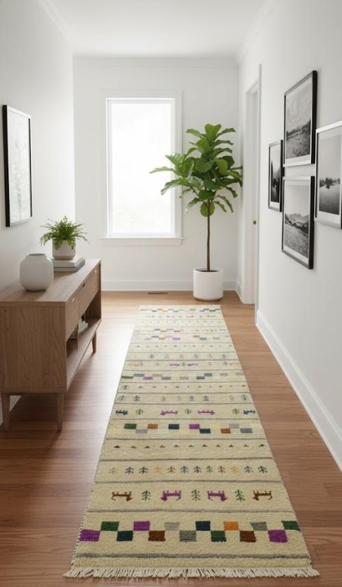 Cream/Beige Pictorial Tribal 2'7X9'8 Indo-Gabbeh Oriental Runner Rug