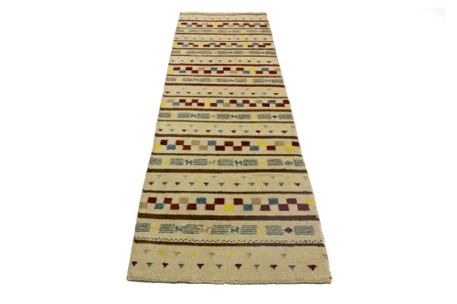 Cream/Beige Pictorial Tribal 2'6X9'7 Indo-Gabbeh Oriental Runner Rug
