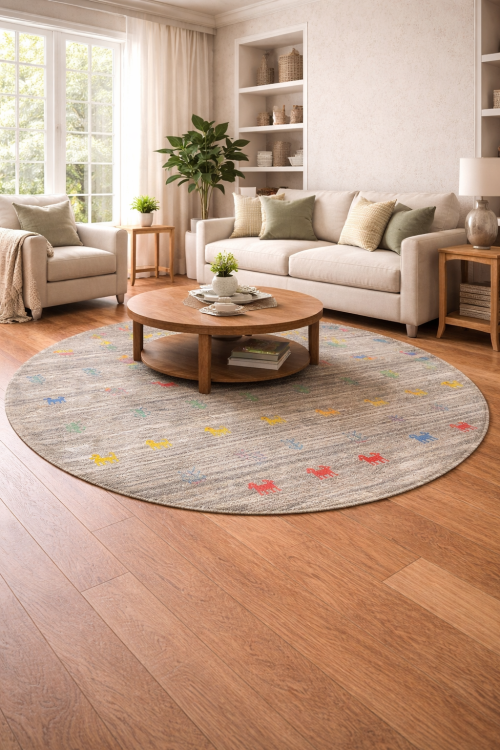 Gray Pictorial Tribal 5X5 Indo-Gabbeh Oriental Round Rug