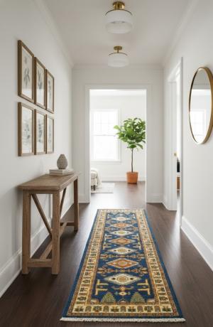 2'7 X 8'1 Hand Knotted Geometric Kazak Blue Wool Runner Rug