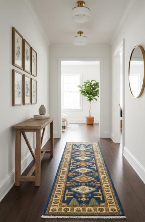 2'7 X 8'1 Hand Knotted Geometric Kazak Blue Wool Runner Rug