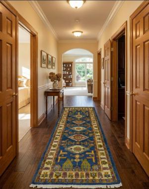 Blue Geometric 2'7X6'4 Kazak Oriental Runner Rug