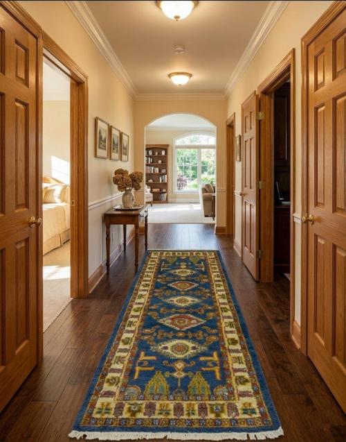 Blue Geometric 2'7X6'4 Kazak Oriental Runner Rug