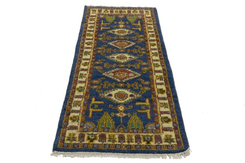 Blue Geometric 2'7X6'4 Kazak Oriental Runner Rug