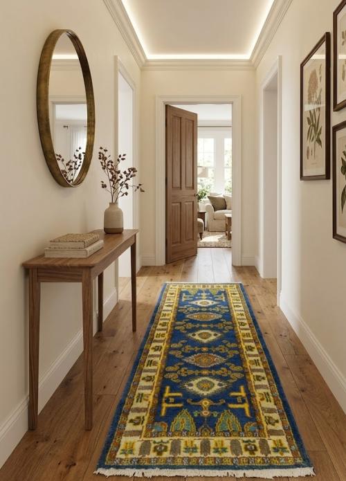 Blue Geometric 2'8X6'4 Kazak Oriental Runner Rug