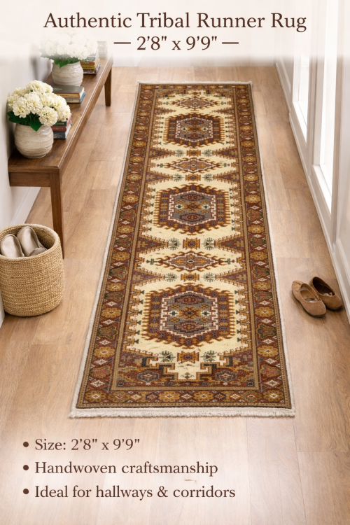 2'8 x 9'9 Cream Hand Knotted Indo-Viss Wool Runner Rug