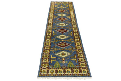 Blue Geometric 2'5X9'7 Kazak Oriental Runner Rug