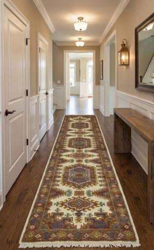2'8 X 9'8 Indo-Viss Cream Hand Knotted Tribal Wool Runner Rug