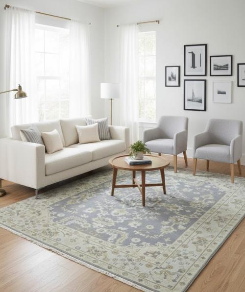 7'11 x 9'10 Muted Gray Oushak Hand Knotted Floral Wool Rug