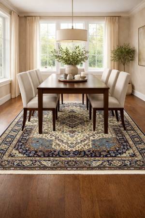 Cream & Navy Floral 4X6 Kirman Oriental Rug