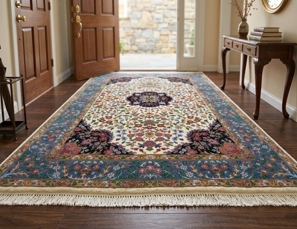 Cream & Blue Floral 4X6 Kirman Oriental Rug - Image 2