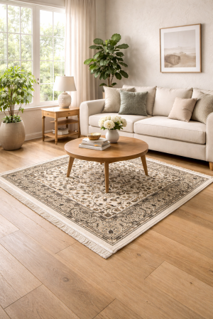 Cream Beige Floral 3X3 Kirman Oriental Square Rug