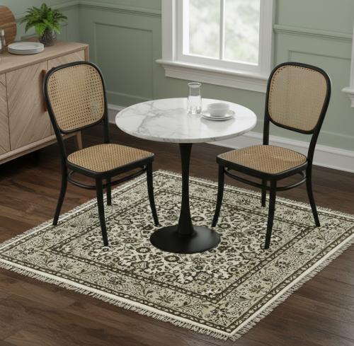 3'3 X 3'4 Hand Knotted Cream & Brown Kirman Wool Square Rug