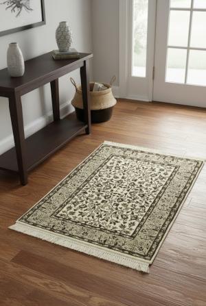 2'0 X 2'10 Hand Knotted Floral Kirman Cream Oriental Wool Rug