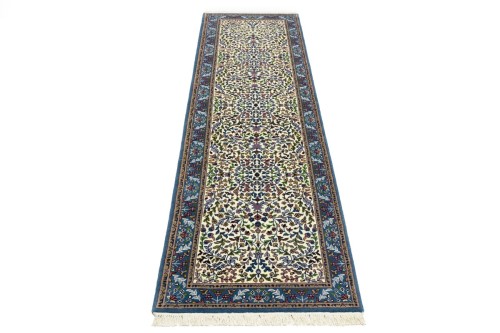 Cream & Blue Floral 3X10 Kirman Oriental Runner Rug