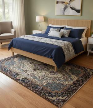 Cream & Navy Floral 5'4X7'8 Kirman Oriental Rug