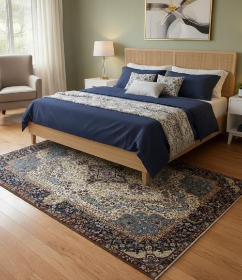 Cream & Navy Floral 5'4X7'8 Kirman Oriental Rug