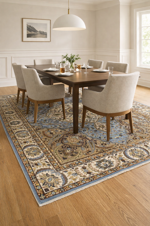 Blue Cream Floral 5'6X7'9 Kirman Oriental Rug