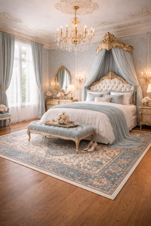 Cream & Blue Floral 6X8 Kirman Oriental Rug