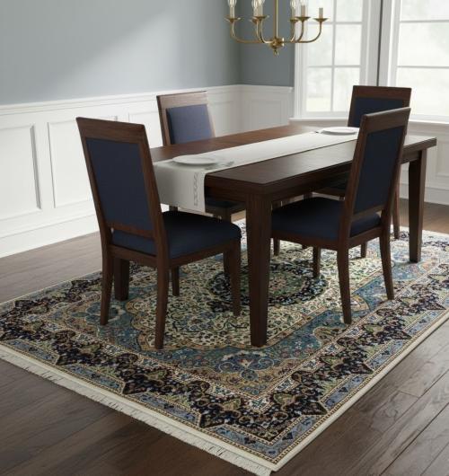 Cream & Navy Floral 6X8 Kirman Oriental  Rug