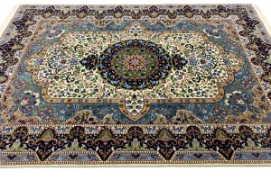 Cream & Navy Floral 6X8 Kirman Oriental Rug