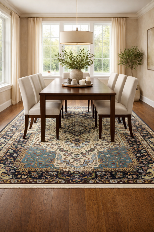 Cream & Navy Floral 5'9X7'8 Kirman Oriental Rug