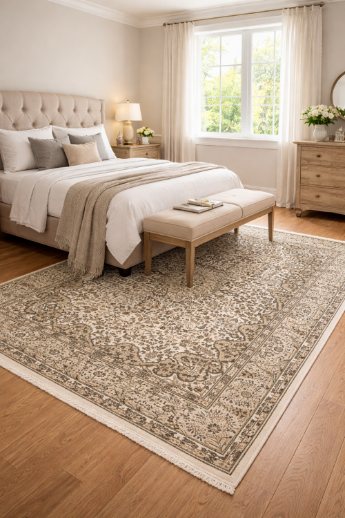 5'6 X 7'8 Kirman Hand Knotted Cream & Beige Floral Wool Rug