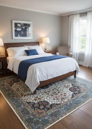 5'0 X 6'11 Kirman Hand Knotted Cream & Blue Floral Wool Rug