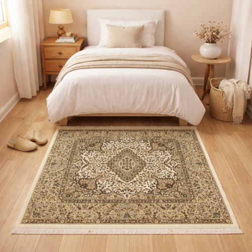 5'0 X 5'0 Cream & Brown Kirman Hand Knotted Wool Square Rug