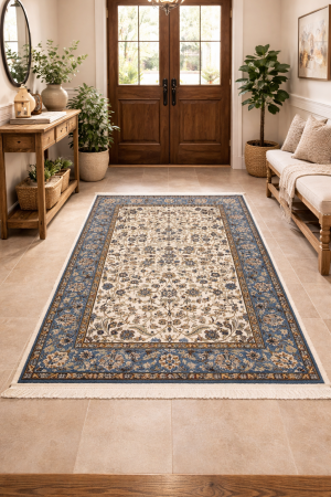 Cream Blue Floral 4X6 Kirman Oriental Rug