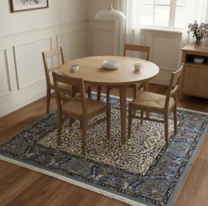 Cream Blue Floral 5X5 Kirman Oriental Square Rug