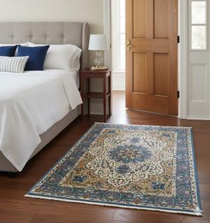 Cream & Blue Floral 6'4X9'1 Kirman Oriental Rug